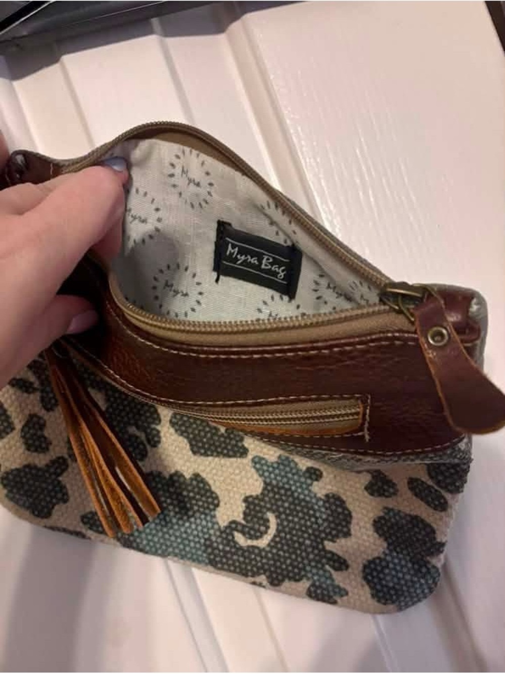 Myra Bag Brown Leather & Cream Floral Canvas Wristlet with Tassel